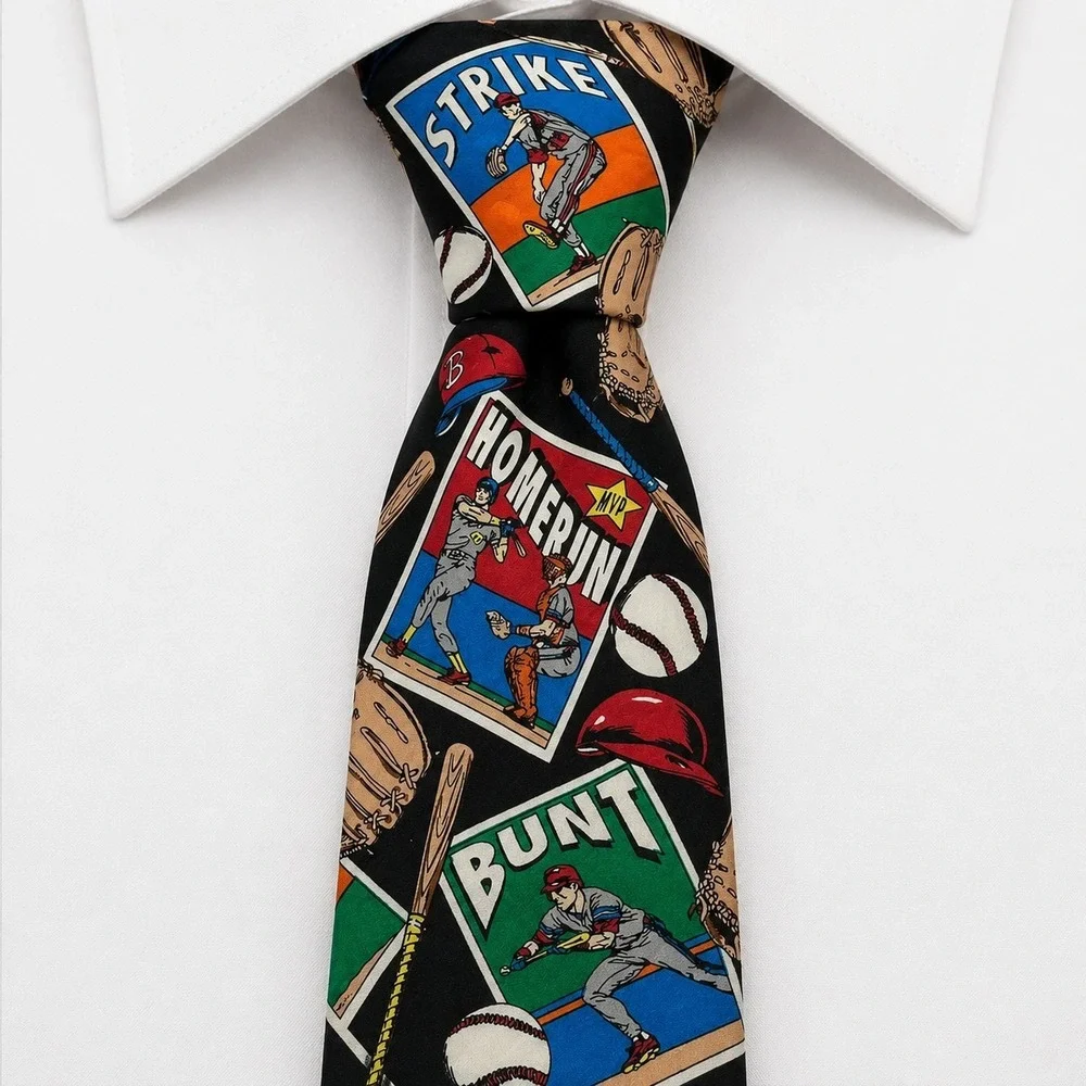 Addiction Baseball Card Silk Tie Mens OS Black Multi Vintage Novelty Sports